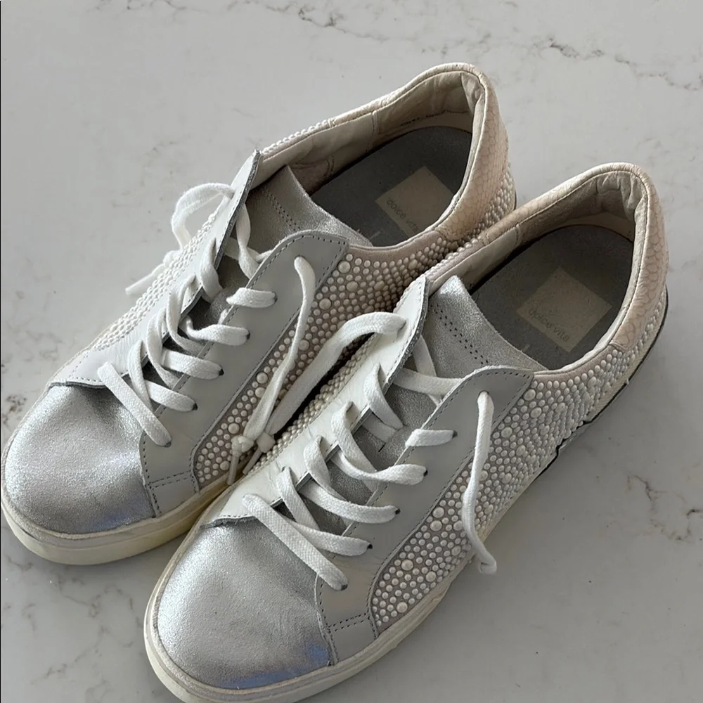 Dolce Vita White Silver Embellished Low-Top Sneakers